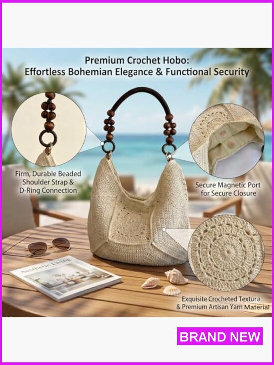 Crochet Tote Bag Women, Boho Woven Shoulder Bag PU Leather  Boho Crochet Beach Tote Bag Fully Lined Lightweight Woven Hobo Purse Summer